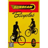 A wall mounted tin advertising sign for Sunbeam Bicycles, yellow and black lettering against a