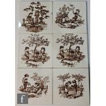 Six Wedgwood 6 inch tiles from the Children's Pastimes series, pattern 357, each in brown and white.