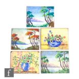 Five enamelled decorated rectangular plaques, three with trees and a lakeland scene, two as vases of