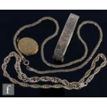 Four items of hallmarked silver jewellery, two chains, a hinged bangle and a gilt oval locket, total