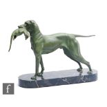 A 20th Century green bronzed spelter study of a pointer with dead game, after Plagnet, on oval black