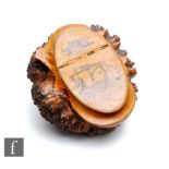 A 19th Century natural snuff box modelled from a tree burl, the hinged cover transfer decorated with