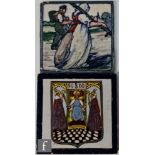 Two Mensaque Rodriguez (Seville) polychrome tiles, one 5.5 inch with a religious scene, the second 5