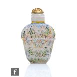 A Chinese late Qing Dynasty enamelled opaque glass snuff bottle with each opposing side with lotus