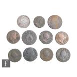 William III to George III - Half pennies, farthings, dump issues, a token and 1787 shilling, holed.