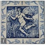 A Thomas Allen for Wedgwood 8 inch tile decorated in blue and white with Puck from Shakespeare's A