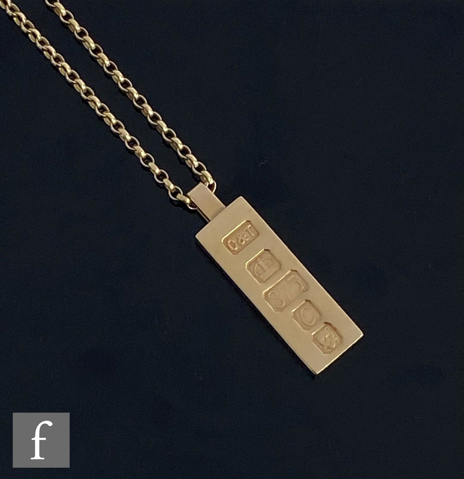 A 9ct pendant ingot, impressed hallmarked, suspended from a 9ct belcher link chain, total weight