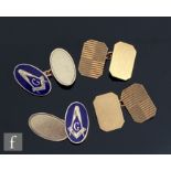 Two pairs of 9ct hallmarked chain linked cufflinks to include an oval enamelled Masonic pair,