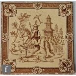 A Minton Hollins 6 inch tile from the Oriental series transfer decorated with a Chinese man on