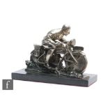 A post 1950s plated model of a motorcycle rider in racing position, unnamed, on black marble base,