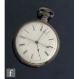 A late 19th Century white metal open faced key wind pocket watch with Roman numerals to a white