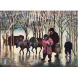 FREDA WORKMAN (LATE 20TH CENTURY) - A winter landscape with herders and mules, oil on board,