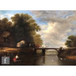 ENGLISH SCHOOL (MID 19TH CENTURY) - A river landscape with cart on a bridge, oil on canvas,