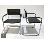 A pair of 1980s chromium plated tubular framed cantilever chairs with black seats, in the manner