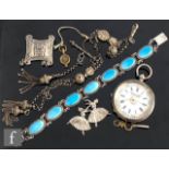 A small parcel lot of assorted silver items to include a seven blue enamelled panel bracelet, an