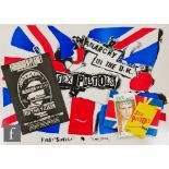 A collection of Sex Pistols memorabilia, to include a 1997 promotional Jamie Reid postcard set,