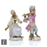 Two 19th Century Meissen figurines from the Monkey band (affankapelle) comprising a female monkey