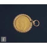 A George V full sovereign dated 1913, loose a 9ct pendant mount, total weight 10g.