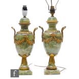 A pair of 20th Century French pale green marble twin handled gilt mounted table lamps with bow and