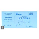 An unused and intact 1976 Sex Pistols ticket, from the 400 Ballroom and Club Rock cancelled gig,