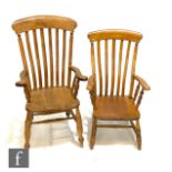 A 19th Century beech lathe back elbow chair and a similar chair. (2)