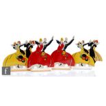 Four Wedgwood Clarice Cliff hand painted Age of Jazz shapes 432 and 433 dancers in red and yellow,