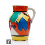 A Wedgwood Clarice Cliff hand painted lotus jug decorated in the Blue W pattern, printed mark,