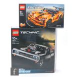 Two Lego Technic sets, 42111 Fast & Furious Dom's Dodge Charger, and 42093 Chevrolet Corvette ZR1,