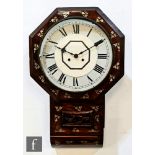 A 19th Century mother of pearl inlaid rosewood veneered drop dial wall clock with 12 inch dial,