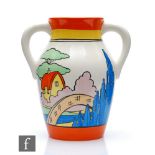 A Wedgwood Clarice Cliff twin handled lotus jug hand painted in the Orange Roof Cottage pattern,