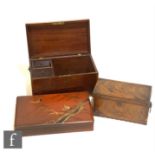 A 19th Century satinwood crossbanded mahogany tea caddy, width 39cm, a similar tea caddy, width