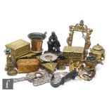 Various Medieval style brass caskets, a brass photo frame, a small mortar, assorted metalware and