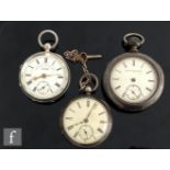Two hallmarked silver open faced key wind pocket watches with a similar coin silver example, S/D. (