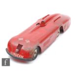 A 1930s American Kingsbury Sunbeam record car, pressed steel, in red with flag decals, length 49cm.