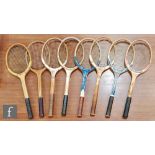 A mid 20th Century or later tennis racket, an Adams Wimbledon racket, a Dunlop Maxply racket, a