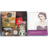 Assorted Victoria to Elizabeth II copper, silver and nickel coinage, also foreign coins, banknotes