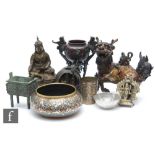 A 20th Century bronze Chinese Dog of Fo, a Koro lacking cover, a Buddha and other items. (qty)