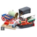 Five late 20th Century scratch built hand-painted wooden models of a boat and various vehicles, to