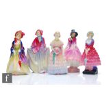 Five small Royal Doulton figurines comprising Paisley Shawl M4, Sweet Anne M27, Priscilla M24,