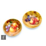 Two small Royal Worcester Fallen Fruits pin dishes, the first decorated by Cox with hand painted