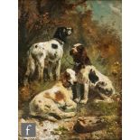 HENRY SCHOUTEN (BELGIAN 1857-1927) – Three Italian spaniels sitting in undergrowth, oil on panel,