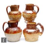 Four 19th Century salt glazed stoneware jugs of varying form decorated with relief tavern and