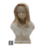 A late 19th Century alabaster bust of a hooded young girl wearing a cloak on square plinth, height