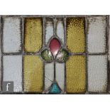 Three Edwardian coloured leaded light glass windows, 39cm x 68cm, and a smaller 40cm x 54cm. (4)