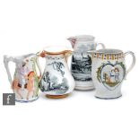 Four 19th Century Staffordshire jugs of varying form comprising one with moulded scenes titled