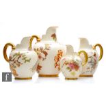 Four late 19th Century Royal Worcester shape 1094 flatback jugs of varying size each decorated