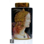 A later 20th Century storage jar decorated with two portraits of Renaissance ladies against a
