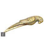 A late 19th to early 20th Century brass paperknife in the form of a parrot, length 20cm.