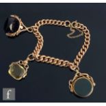 A 9ct rose gold, graduated curb link bracelet, with three stone swivel fobs attached, total weight