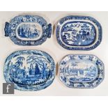 Four 19th Century blue and white meat plates to include one decorated with a scene titled 'British